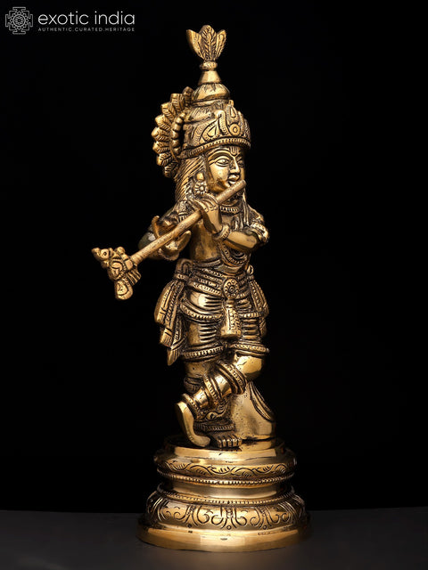 10" Brass Fluting Lord Krishna | Brass Statue
