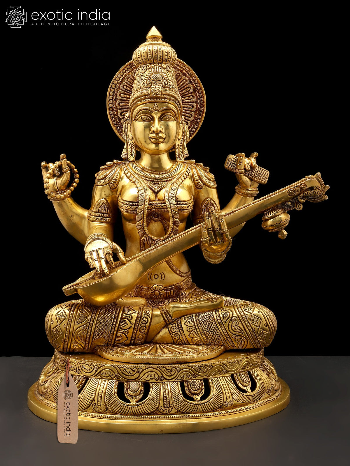 18" Four Armed Goddess Saraswati | Brass Statue