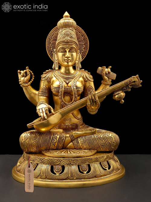 18" Four Armed Goddess Saraswati Brass Statue for Pooja