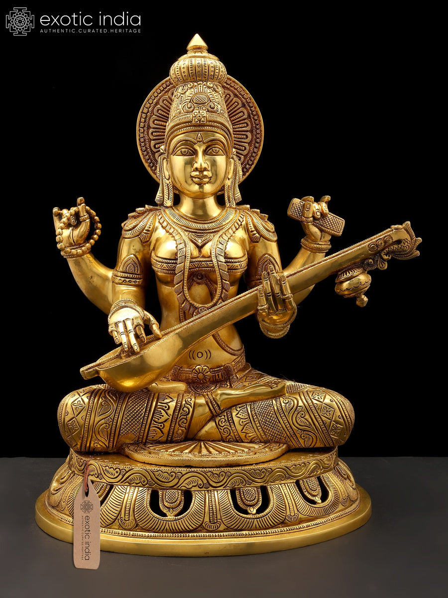 18" Four Armed Goddess Saraswati Brass Statue for Pooja