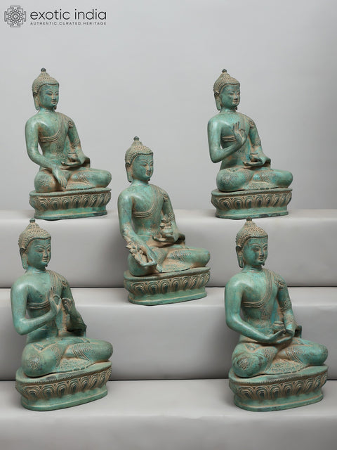 10" Set of Five Buddha Seated in Different Mudras | Brass Statues