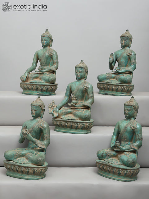 10" Set of Five Buddha Seated in Different Mudras | Brass Statues