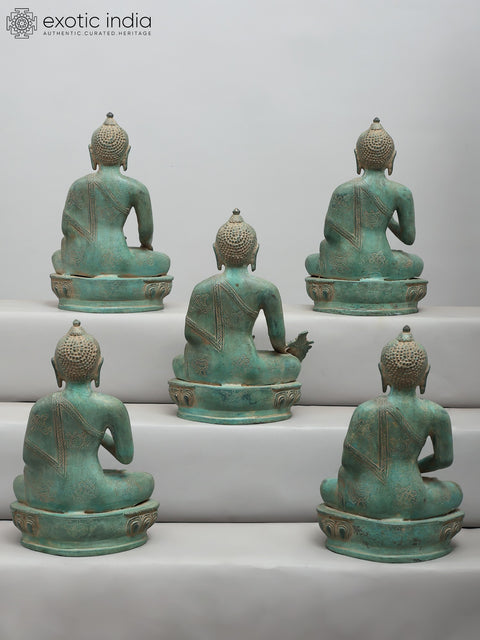 10" Set of Five Buddha Seated in Different Mudras | Brass Statues