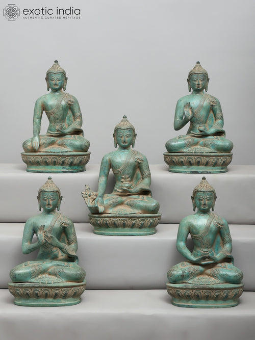 10" Set of Five Buddha Seated in Different Mudras Brass Statues