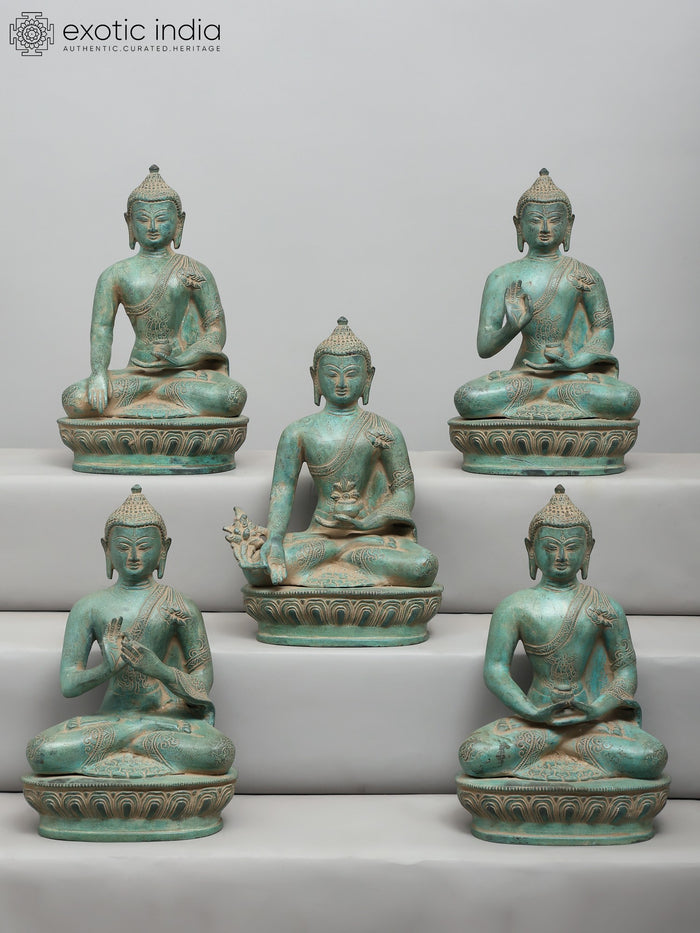 10" Set of Five Buddha Seated in Different Mudras Brass Statues