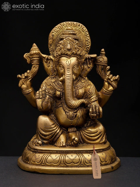 6" Small Chaturbhuja Lord Ganesha in Blessing Gesture | Brass Statue