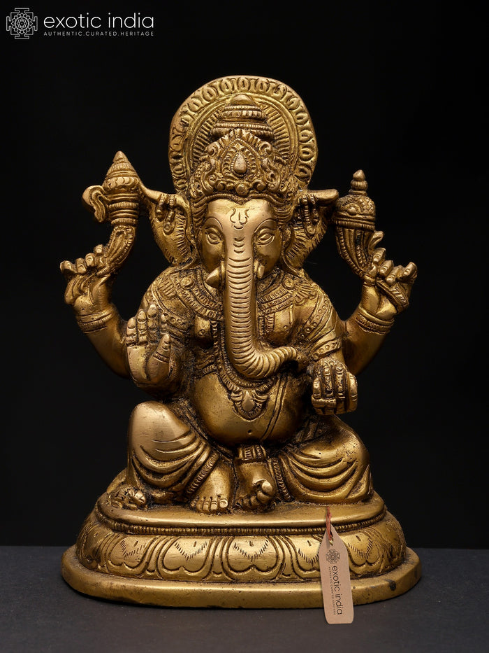 6" Chaturbhuja Lord Ganesha Blessing Gesture Brass Statue