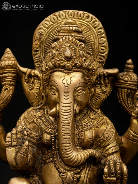 6" Small Chaturbhuja Lord Ganesha in Blessing Gesture | Brass Statue