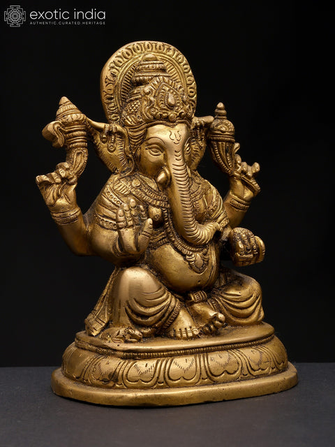 6" Small Chaturbhuja Lord Ganesha in Blessing Gesture | Brass Statue