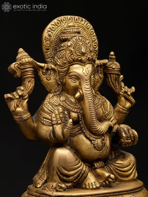 6" Small Chaturbhuja Lord Ganesha in Blessing Gesture | Brass Statue