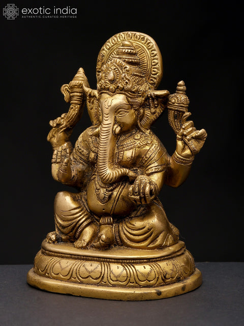 6" Small Chaturbhuja Lord Ganesha in Blessing Gesture | Brass Statue
