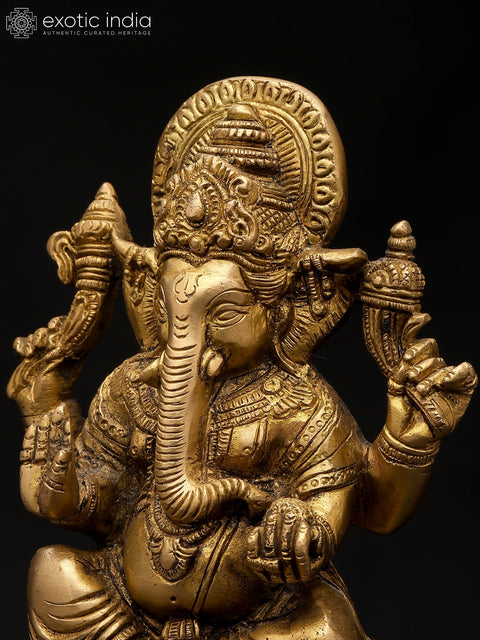 6" Small Chaturbhuja Lord Ganesha in Blessing Gesture | Brass Statue