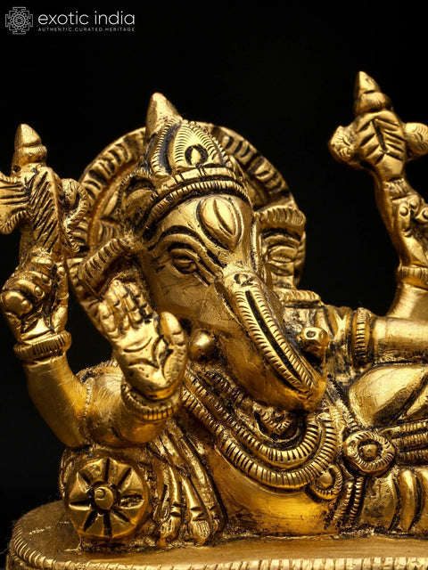 5" Small Four Armed Relaxing Lord Ganesha | Brass Statue