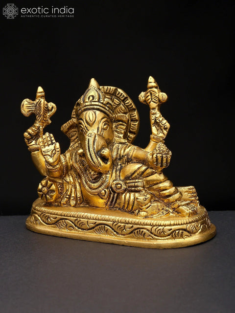 5" Small Four Armed Relaxing Lord Ganesha | Brass Statue