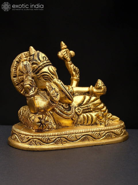 5" Small Four Armed Relaxing Lord Ganesha | Brass Statue