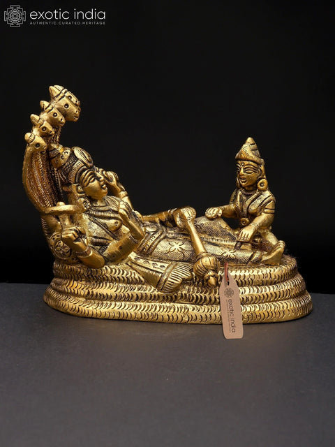 5" Small Shesha-Shayi Lord Vishnu with Devi Lakshmi | Brass Statue