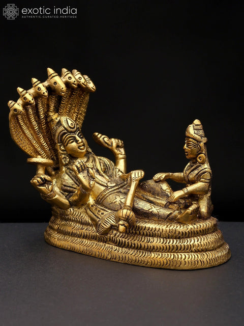 5" Small Shesha-Shayi Lord Vishnu with Devi Lakshmi | Brass Statue