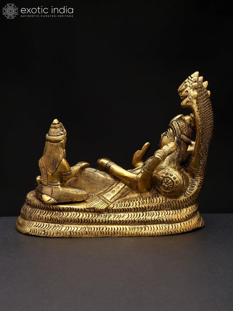 5" Small Shesha-Shayi Lord Vishnu with Devi Lakshmi | Brass Statue
