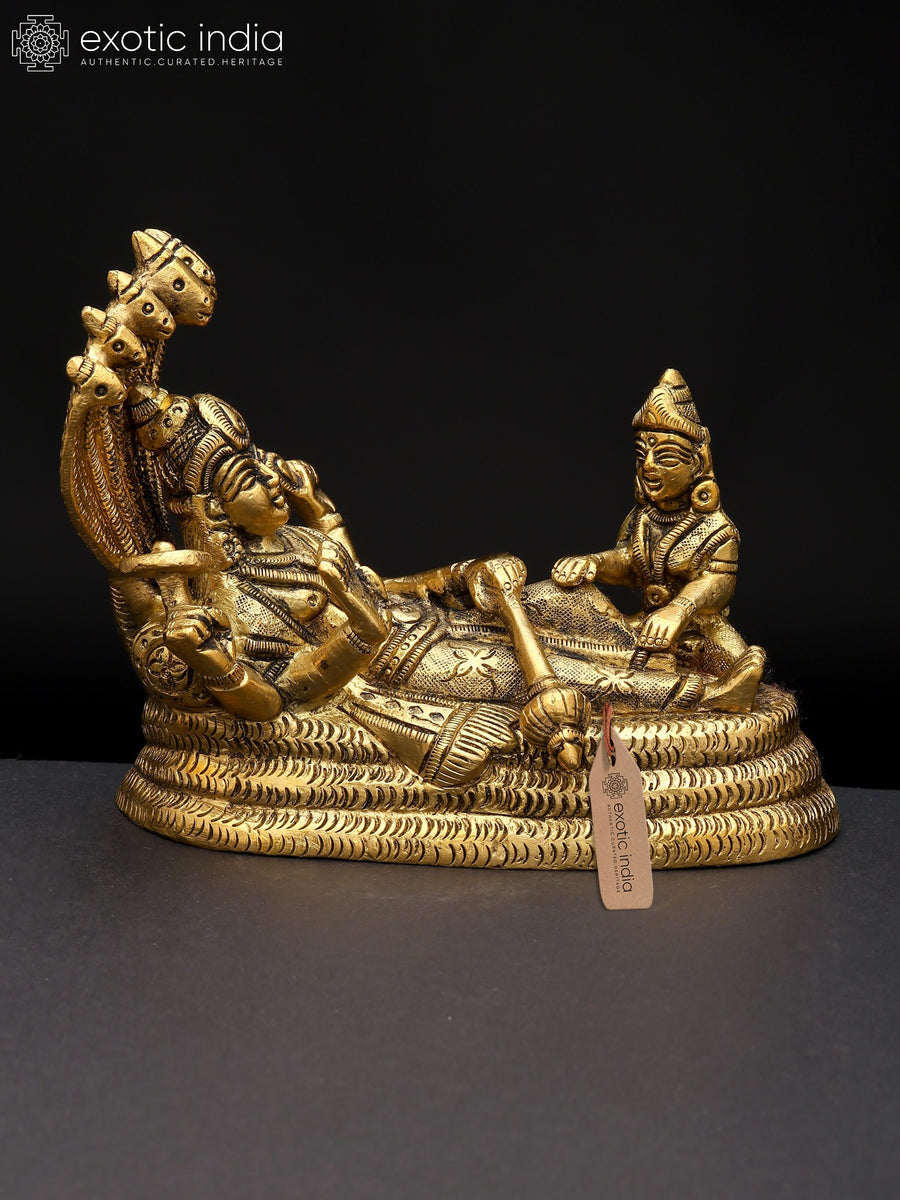5" Shesha-Shayi Lord Vishnu with Devi Lakshmi Brass Statue