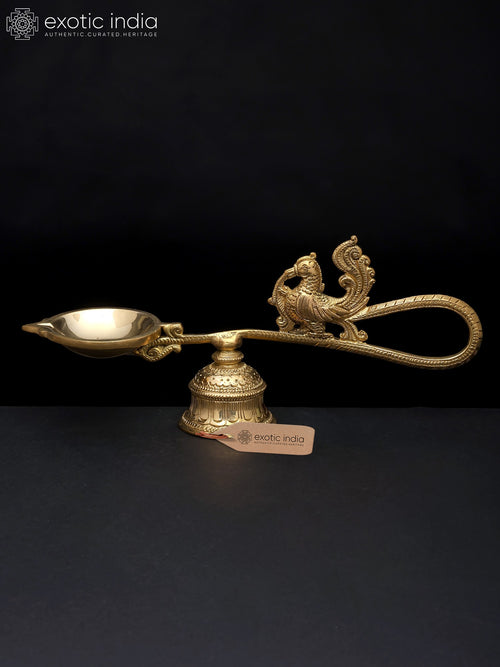 9" Brass Peacock Aarti Diya with Stand Handmade Lamp