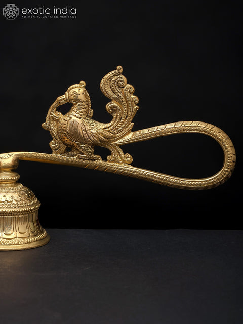 9" Handheld Peacock Aarti Diya with Stand in Brass | Handmade Lamp | Made in India