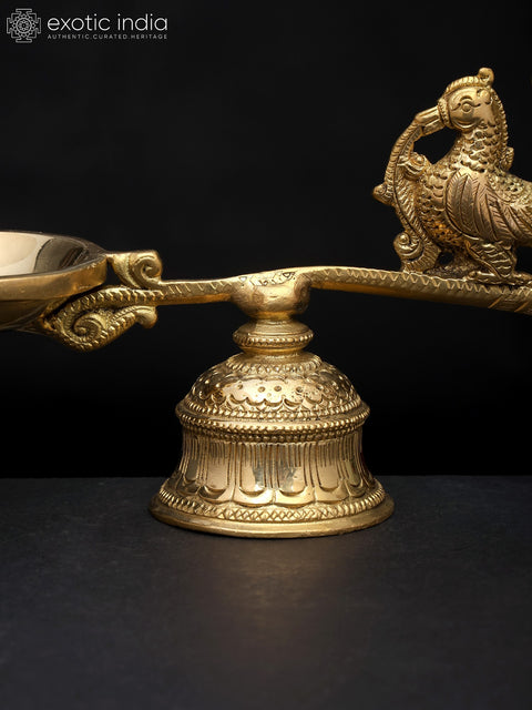 9" Handheld Peacock Aarti Diya with Stand in Brass | Handmade Lamp | Made in India