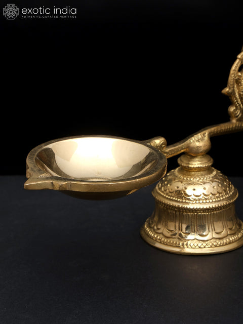 9" Handheld Peacock Aarti Diya with Stand in Brass | Handmade Lamp | Made in India