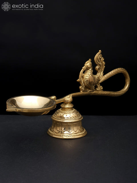 9" Handheld Peacock Aarti Diya with Stand in Brass | Handmade Lamp | Made in India