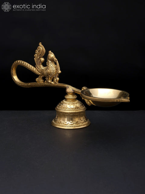9" Handheld Peacock Aarti Diya with Stand in Brass | Handmade Lamp | Made in India