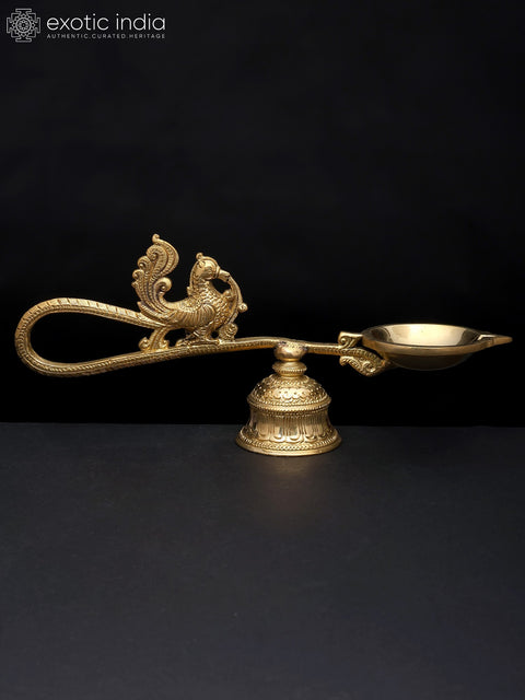 9" Handheld Peacock Aarti Diya with Stand in Brass | Handmade Lamp | Made in India