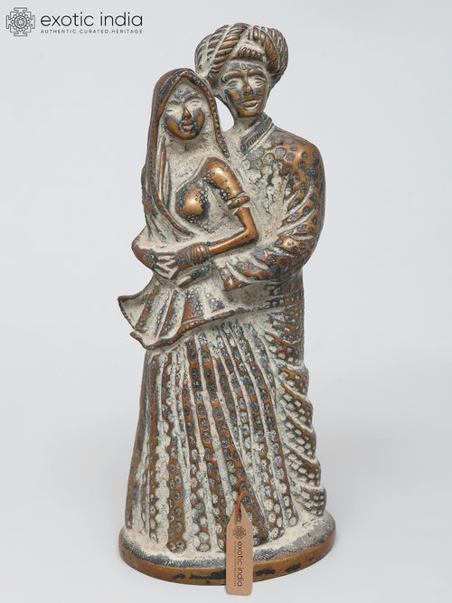 7" Rajasthani Couple Brass Statue - Handmade Home Decor