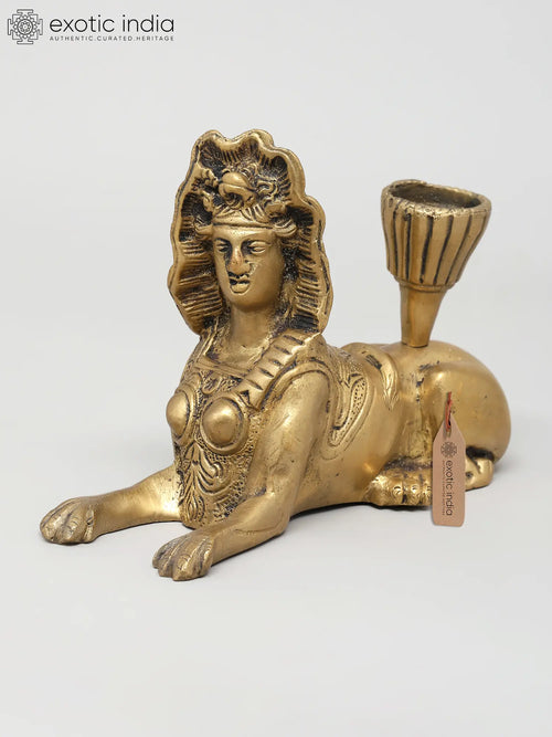 6" Grecian Sphinx Brass Candle Holder Statue
