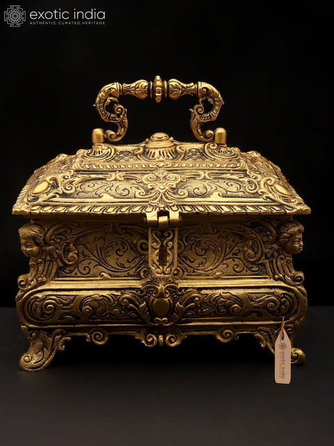 9" Stylish Brass Jewelry Box with Handle | Handmade | Made In India