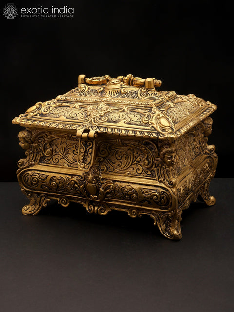 9" Stylish Brass Jewelry Box with Handle | Handmade | Made In India