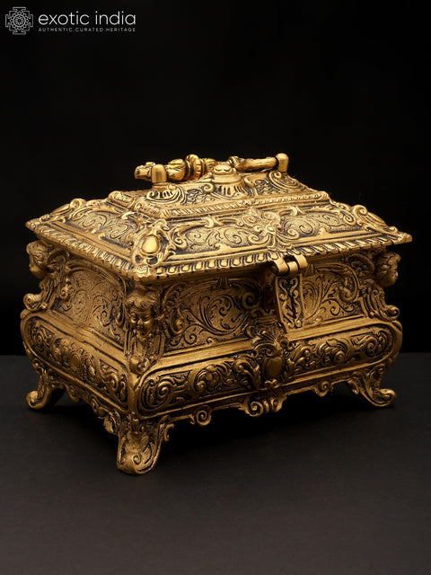 9" Stylish Brass Jewelry Box with Handle | Handmade | Made In India