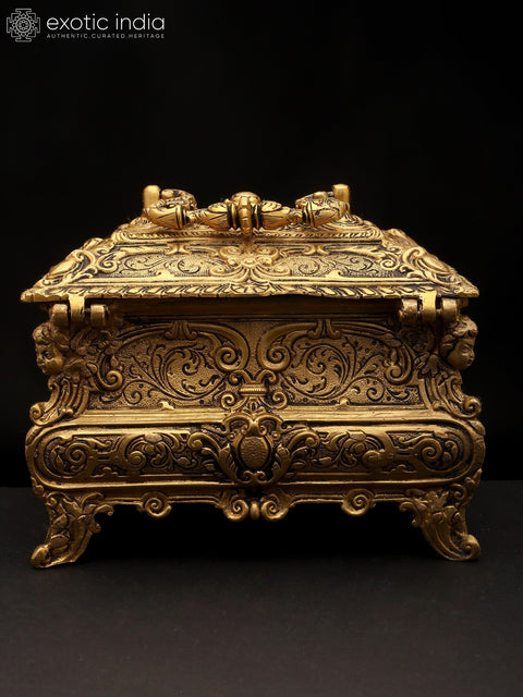 9" Stylish Brass Jewelry Box with Handle | Handmade | Made In India