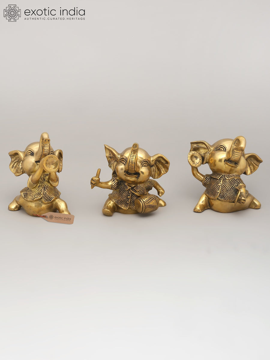7" Baby Elephant Trio Brass Statues Set for Home Decor