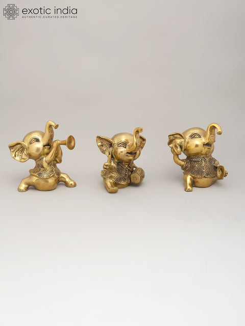 7" Joyful Musical Baby Elephant Trio | Set of Three Brass Statues | Home Decor