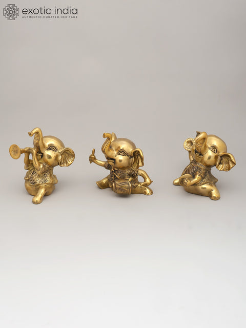 7" Joyful Musical Baby Elephant Trio | Set of Three Brass Statues | Home Decor