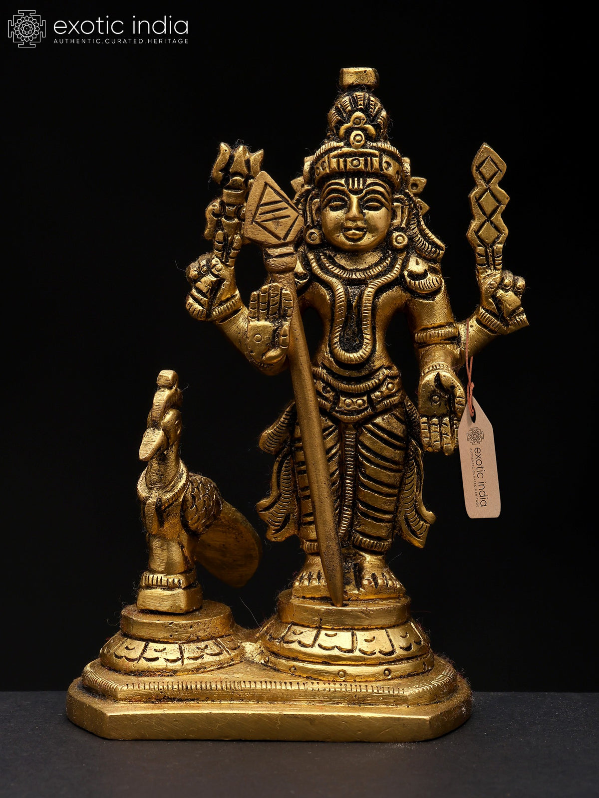 5" Standing Lord Murugan with Peacock Brass Statue