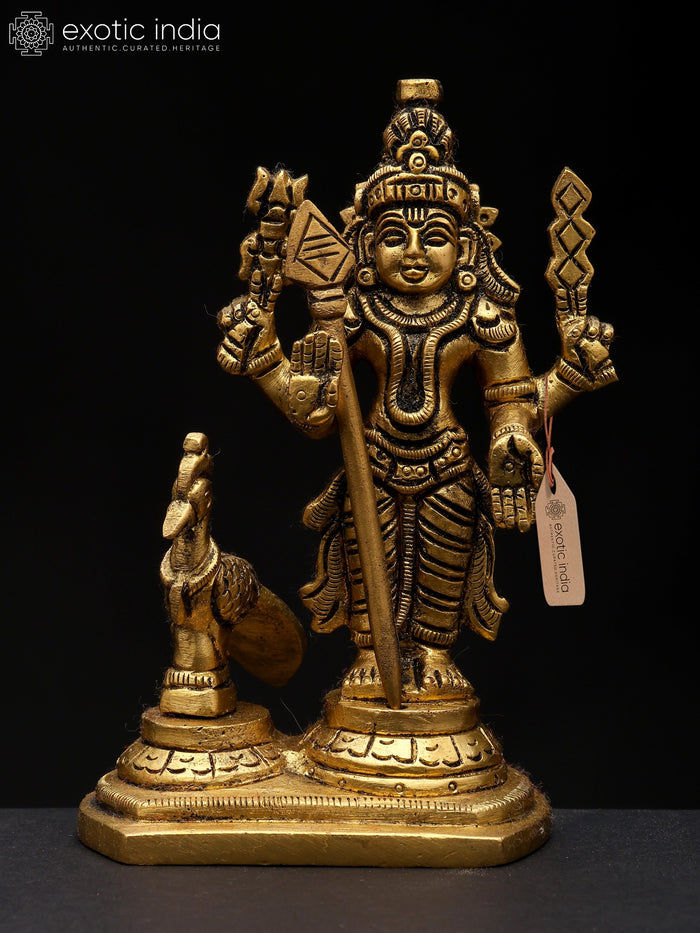 5" Standing Lord Murugan with Peacock Brass Statue