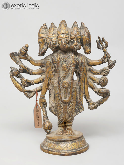 9" Standing Ten Armed Panchamukhi Hanuman Brass Statue