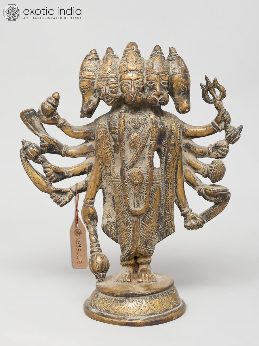 9" Standing Ten Armed Panchamukhi Hanuman Brass Statue