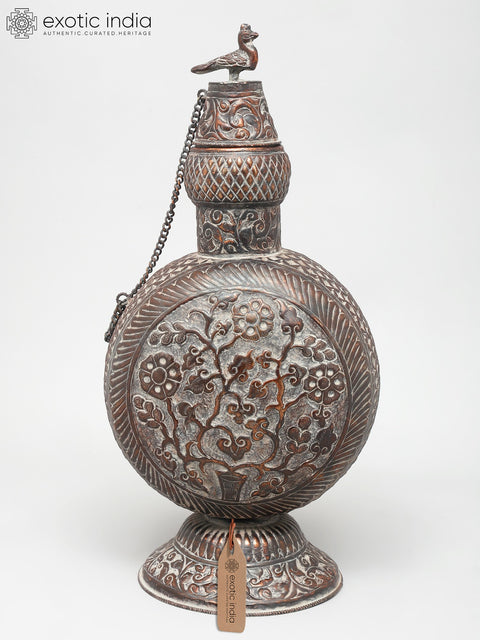 17" Ornate Brass Vessel - Handcrafted Floral Design with Bird Accent