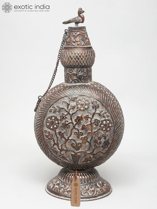 17" Handcrafted Brass Vessel with Floral Design and Bird Accent
