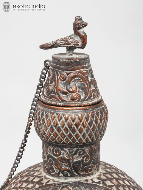 17" Ornate Brass Vessel - Handcrafted Floral Design with Bird Accent