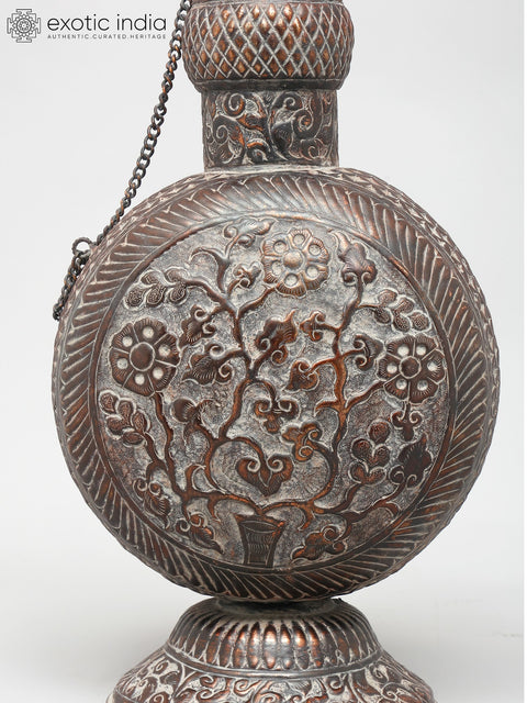 17" Ornate Brass Vessel - Handcrafted Floral Design with Bird Accent
