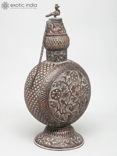 17" Ornate Brass Vessel - Handcrafted Floral Design with Bird Accent