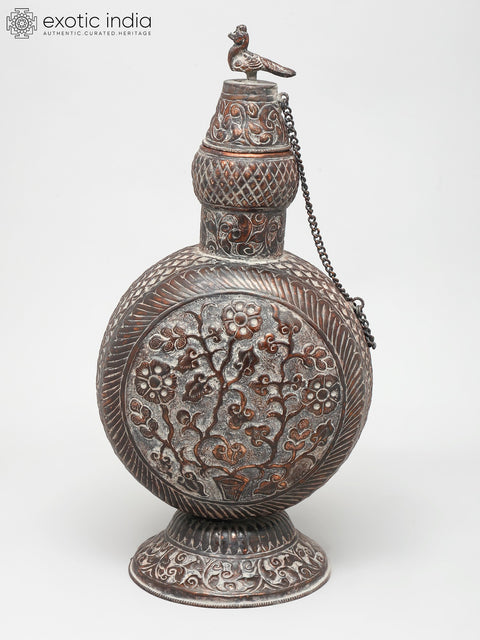 17" Ornate Brass Vessel - Handcrafted Floral Design with Bird Accent