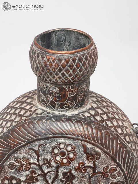 17" Ornate Brass Vessel - Handcrafted Floral Design with Bird Accent